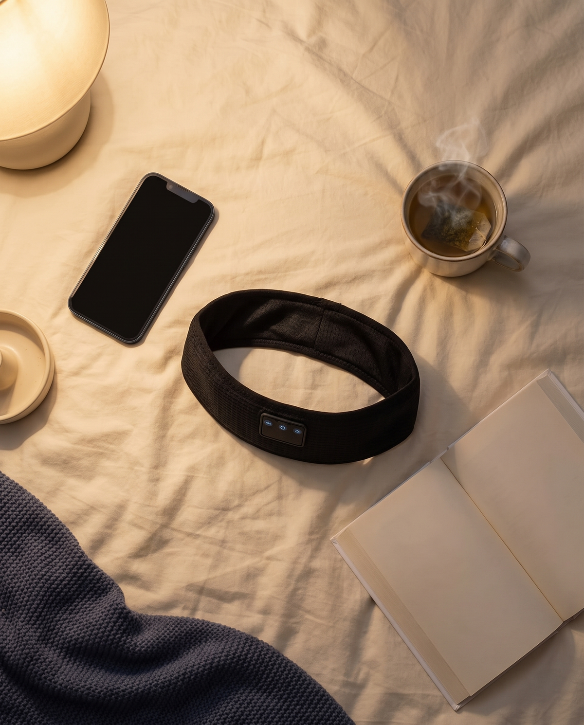 Lullwave Band laid flat on a bedsheet next to a phone and tea