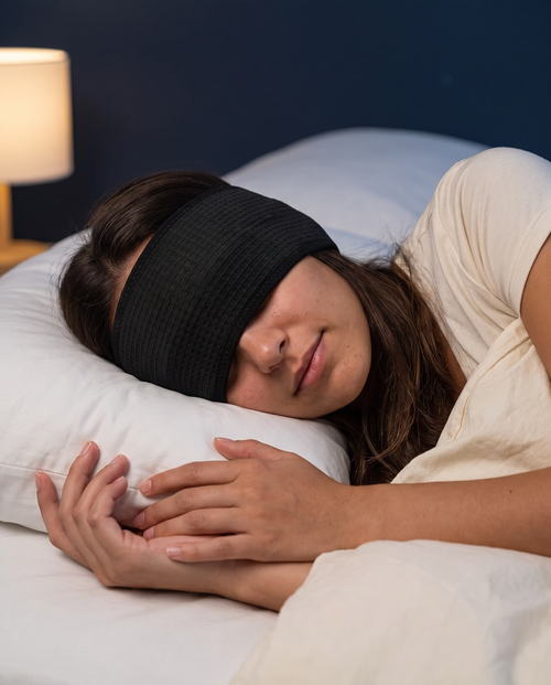 Woman sleeping on her side wearing the Lullwave Band over her ears and eyes